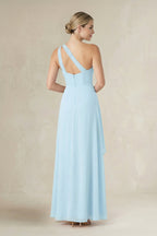 One-Shoulder Sheath Ruched Ruffled Mother of the Bride Dress in Sky Blue - Curvevia