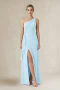 One-Shoulder Sheath Ruched Ruffled Mother of the Bride Dress in Sky Blue - Curvevia