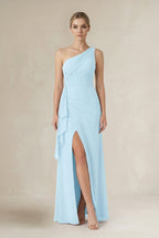 One-Shoulder Sheath Ruched Ruffled Mother of the Bride Dress in Sky Blue - Curvevia