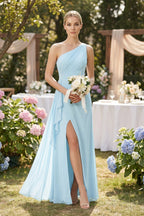One-Shoulder Sheath Ruched Ruffled Mother of the Bride Dress in Sky Blue - Curvevia