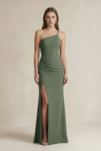 One-Shoulder Sheath Satin Mother of the Bride Dress in Thyme - Curvevia
