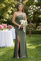 One-Shoulder Sheath Satin Mother of the Bride Dress in Thyme - Curvevia