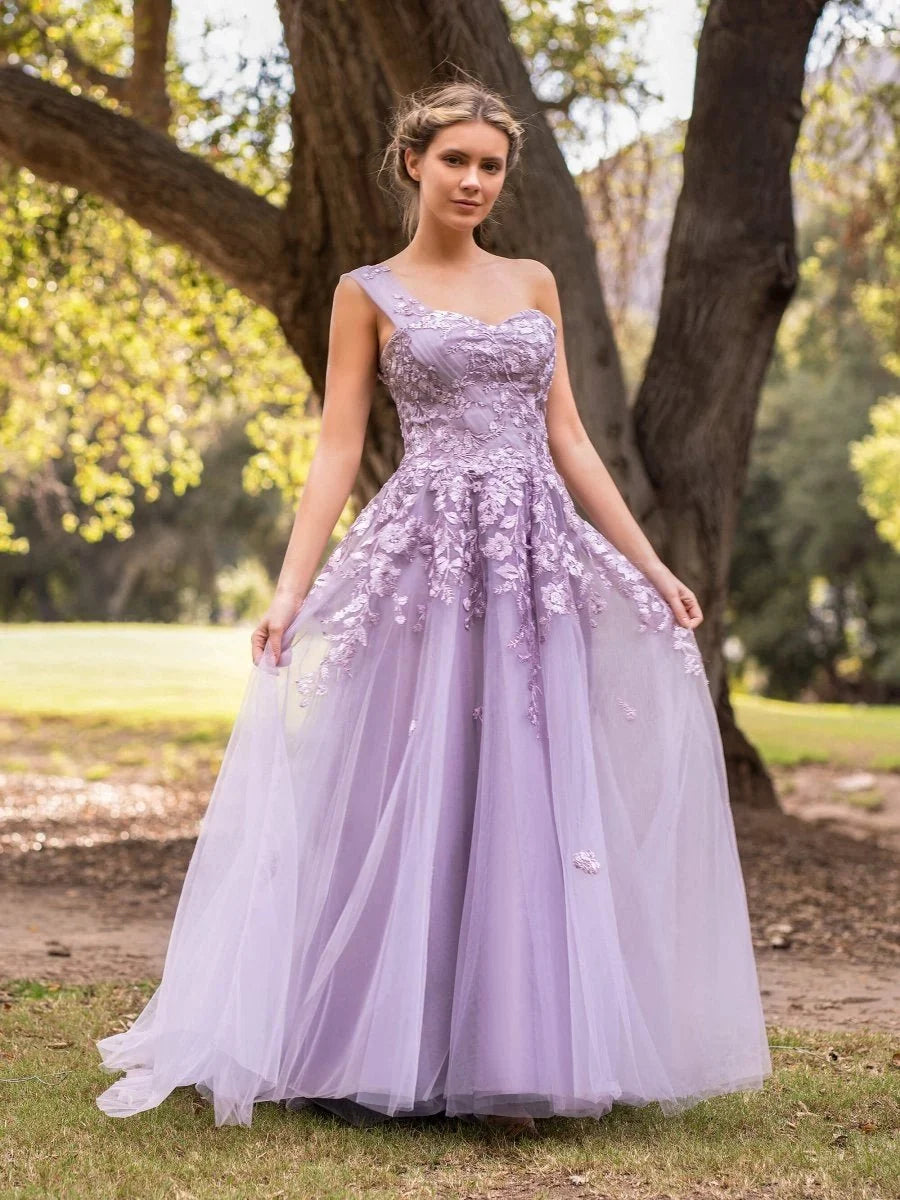 Sweet-Heart Tulle One Shoulder Floor Length Wedding Guest Dress - Curvevia