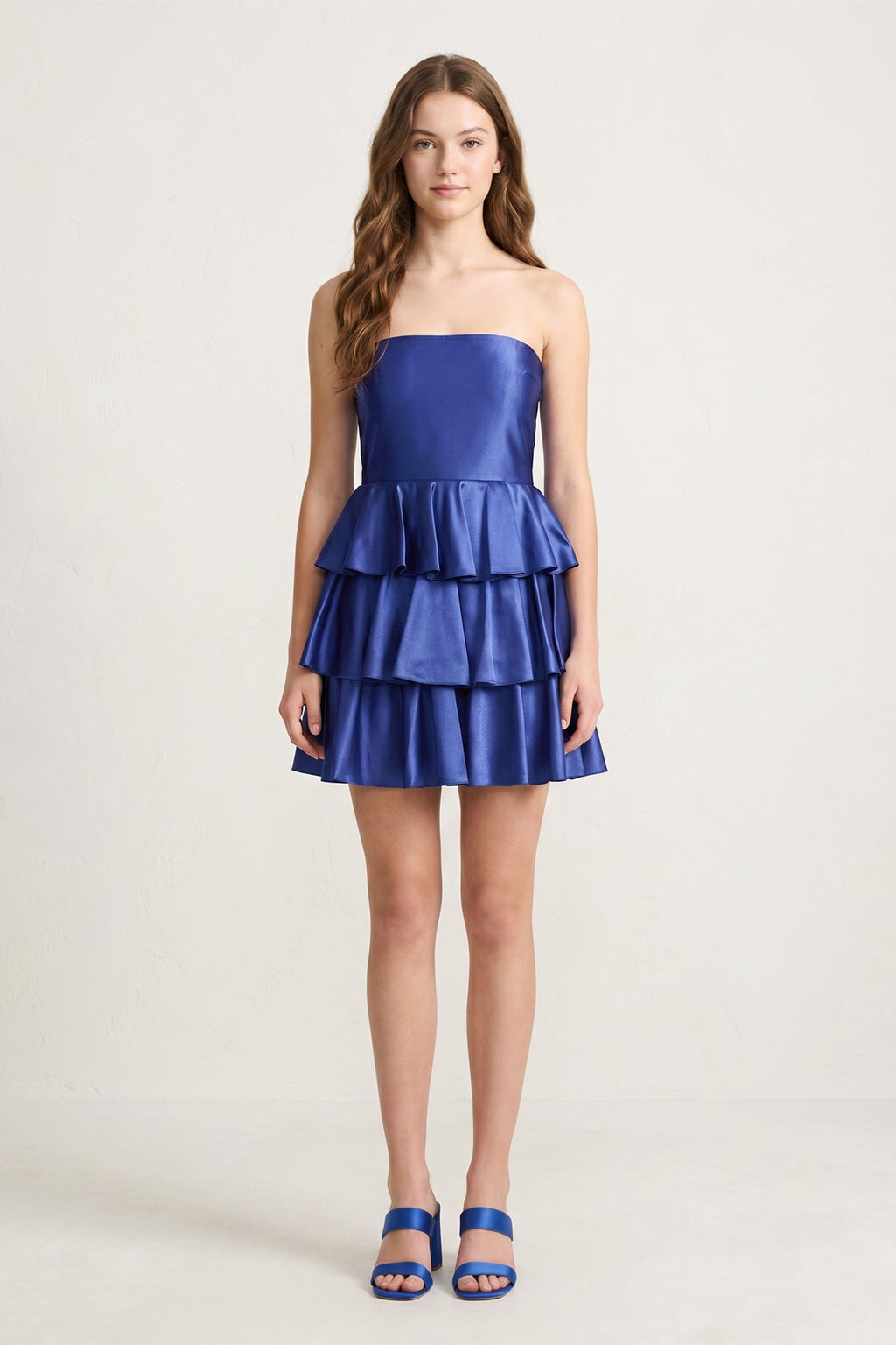 Navy Blue Strapless A Line Satin Ruffle Short Wedding Guest Dress - Curvevia