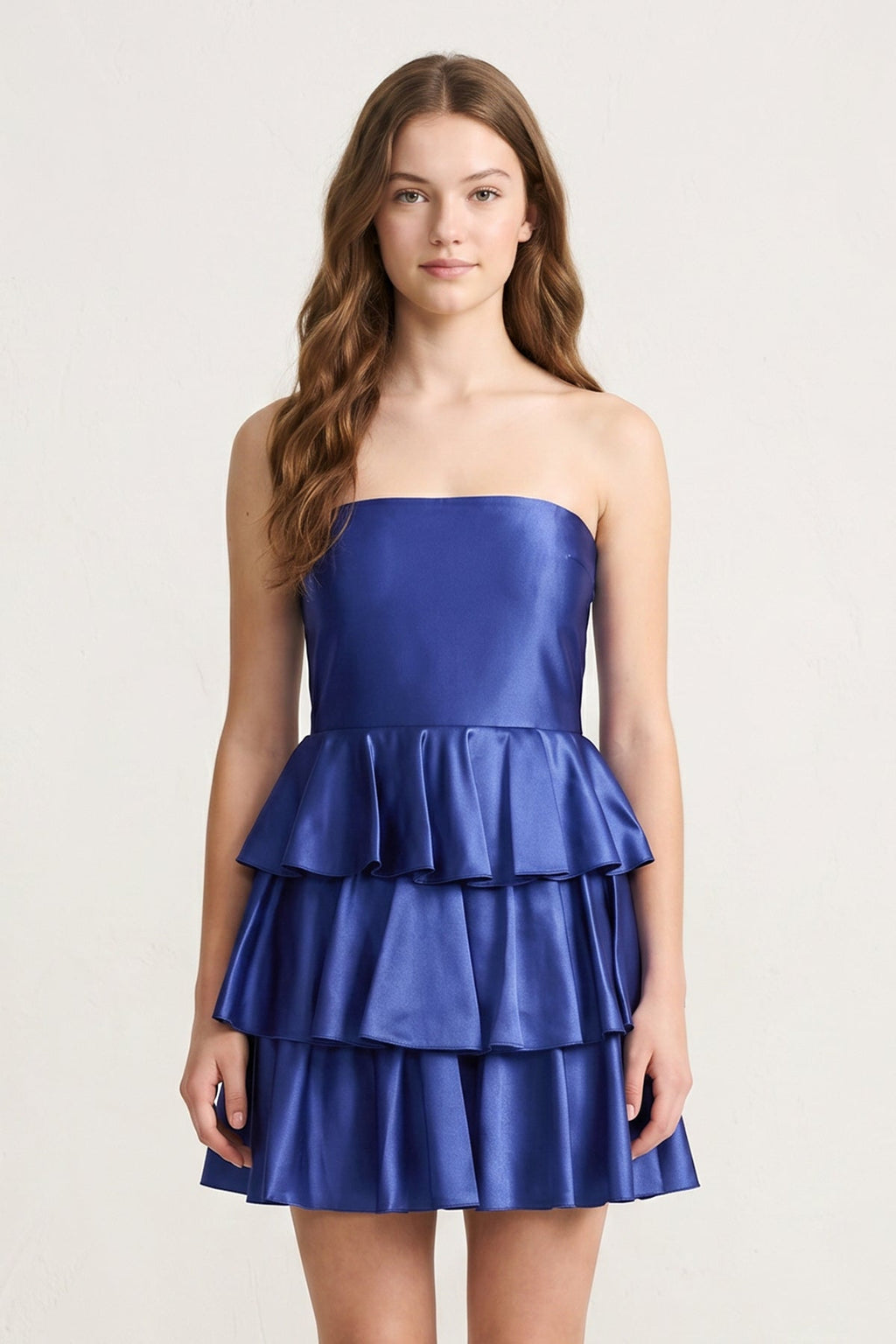 Navy Blue Strapless A Line Satin Ruffle Short Wedding Guest Dress - Curvevia