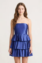 Navy Blue Strapless A Line Satin Ruffle Short Wedding Guest Dress - Curvevia
