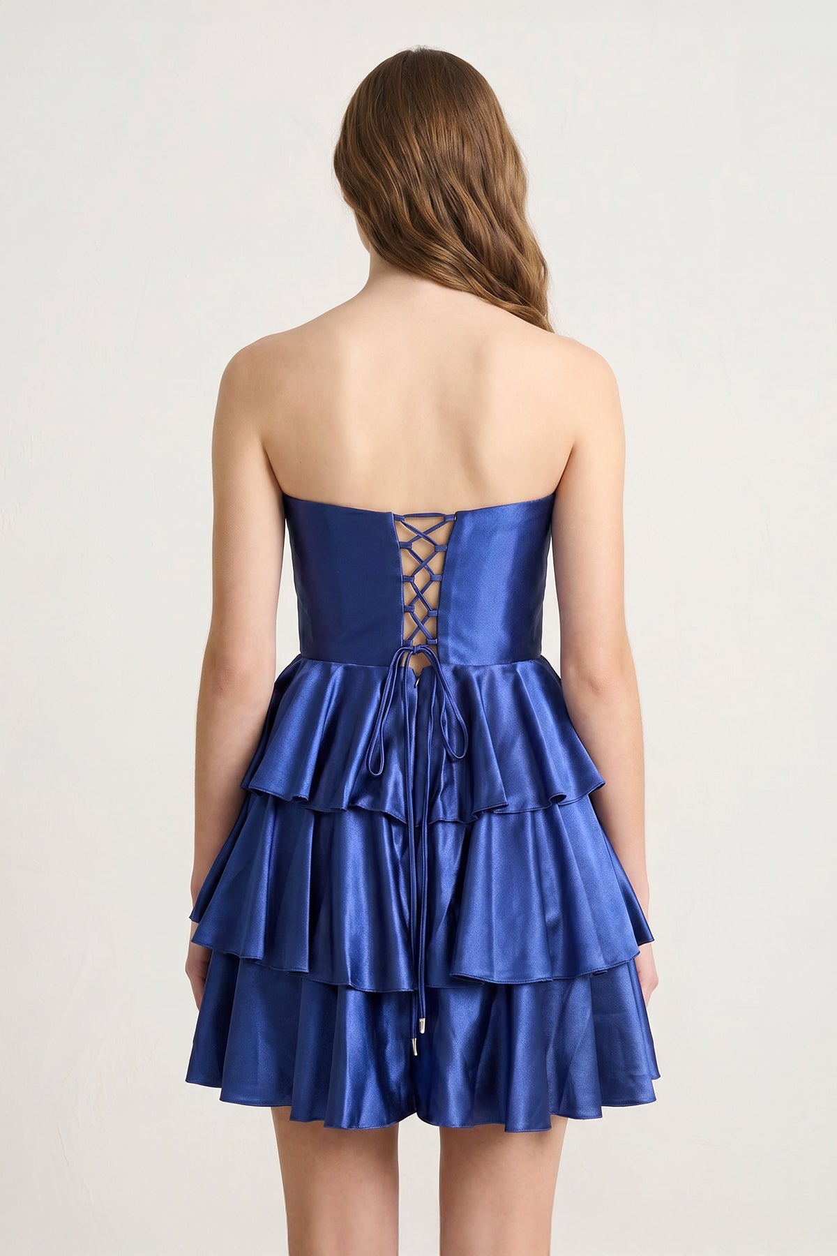 Navy Blue Strapless A Line Satin Ruffle Short Wedding Guest Dress - Curvevia
