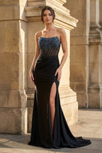 Strapless Mermaid Beaded Long Evening Dress With Slit - Curvevia