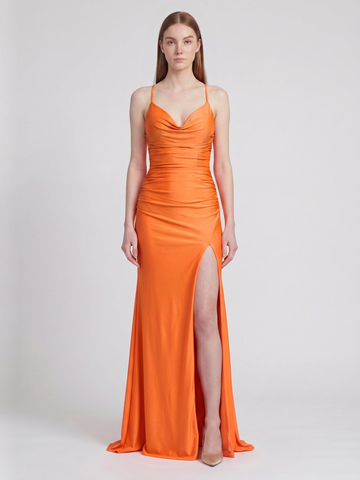 Orange Satin Column Sweetheart Criss-Cross Floor-Length Bridesmaid Dress with Pleats - Curvevia
