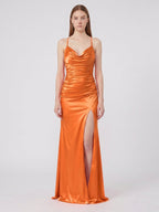 Orange Satin Column Sweetheart Criss-Cross Floor-Length Bridesmaid Dress with Pleats - Curvevia