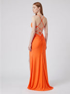 Orange Satin Column Sweetheart Criss-Cross Floor-Length Bridesmaid Dress with Pleats - Curvevia