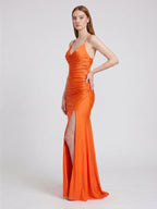 Orange Satin Column Sweetheart Criss-Cross Floor-Length Bridesmaid Dress with Pleats - Curvevia