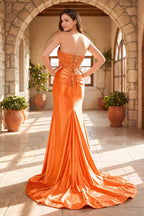 Fuchsia Beaded Strapless Applique Evening Dress with Slit - Curvevia