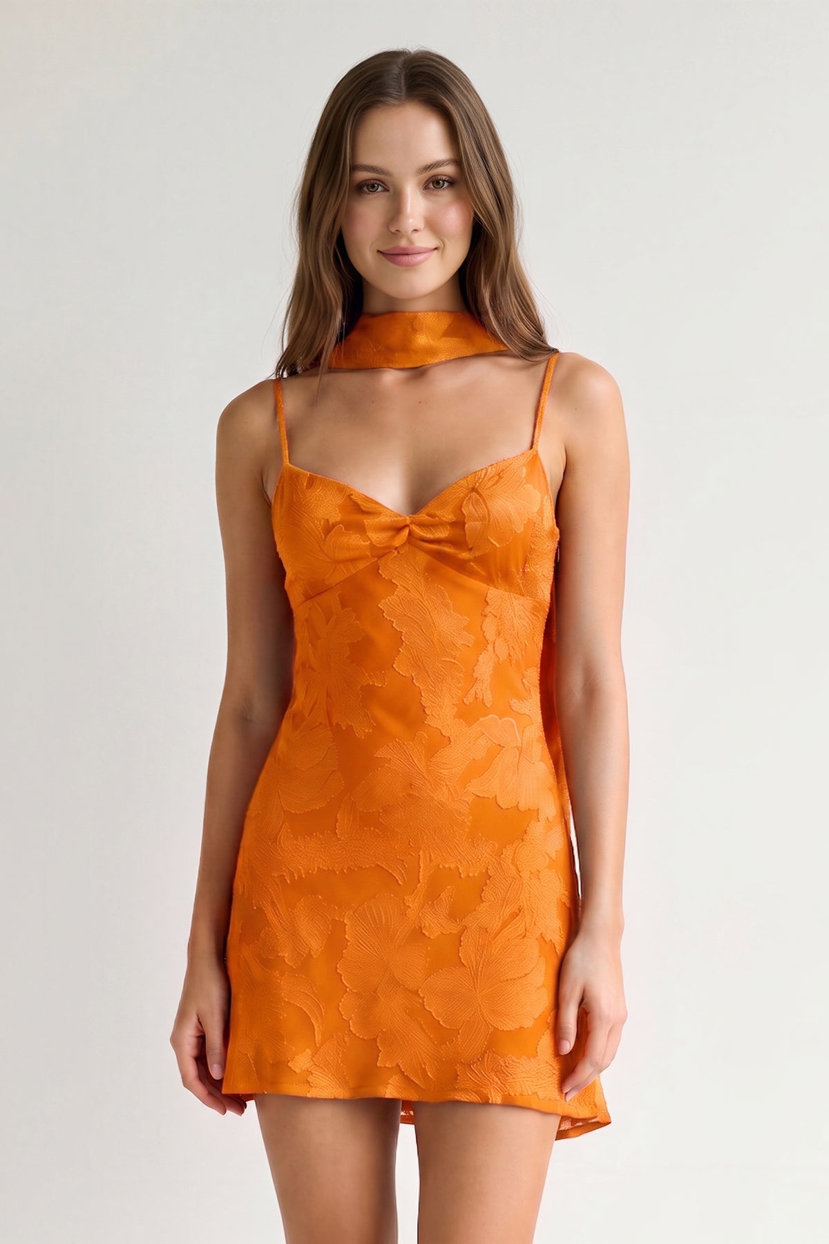 Red Jacquard Chiffon Cami Straps Sheath Homecoming Dress with Scarf - Curvevia