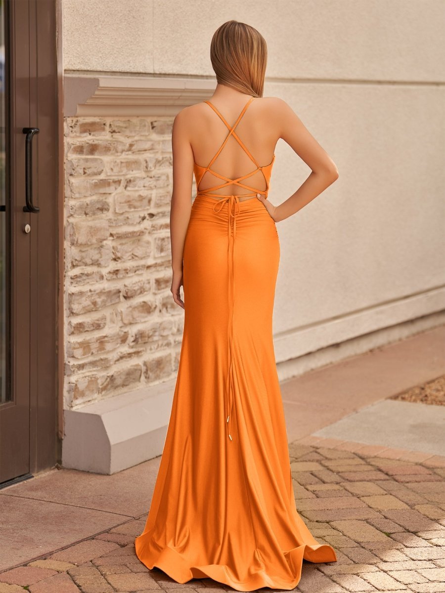 Mermaid Spaghetti Straps Satin Prom Dress with Slit - Curvevia