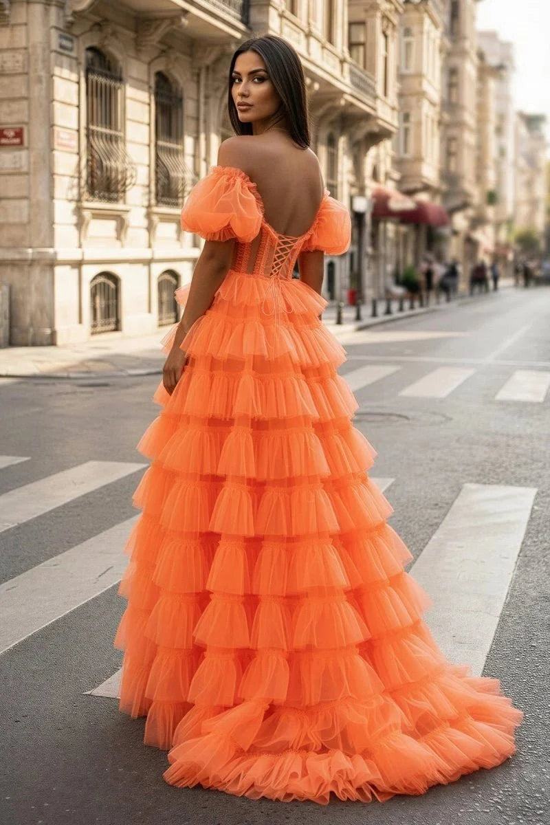 A-line Off-the-Shoulder Tulle Wedding Guest Dress with Slit - Curvevia