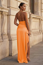 Pink One Shoulder Sheath Satin Long Wedding Guest Dress With Slit - Curvevia