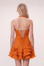Brown Organza Halter A-Line Pleated Ruffled Wedding Guest Dress - Curvevia