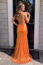 Mermaid Spaghetti Straps Blue Sequins Lace Long Evening Dress with Slit - Curvevia