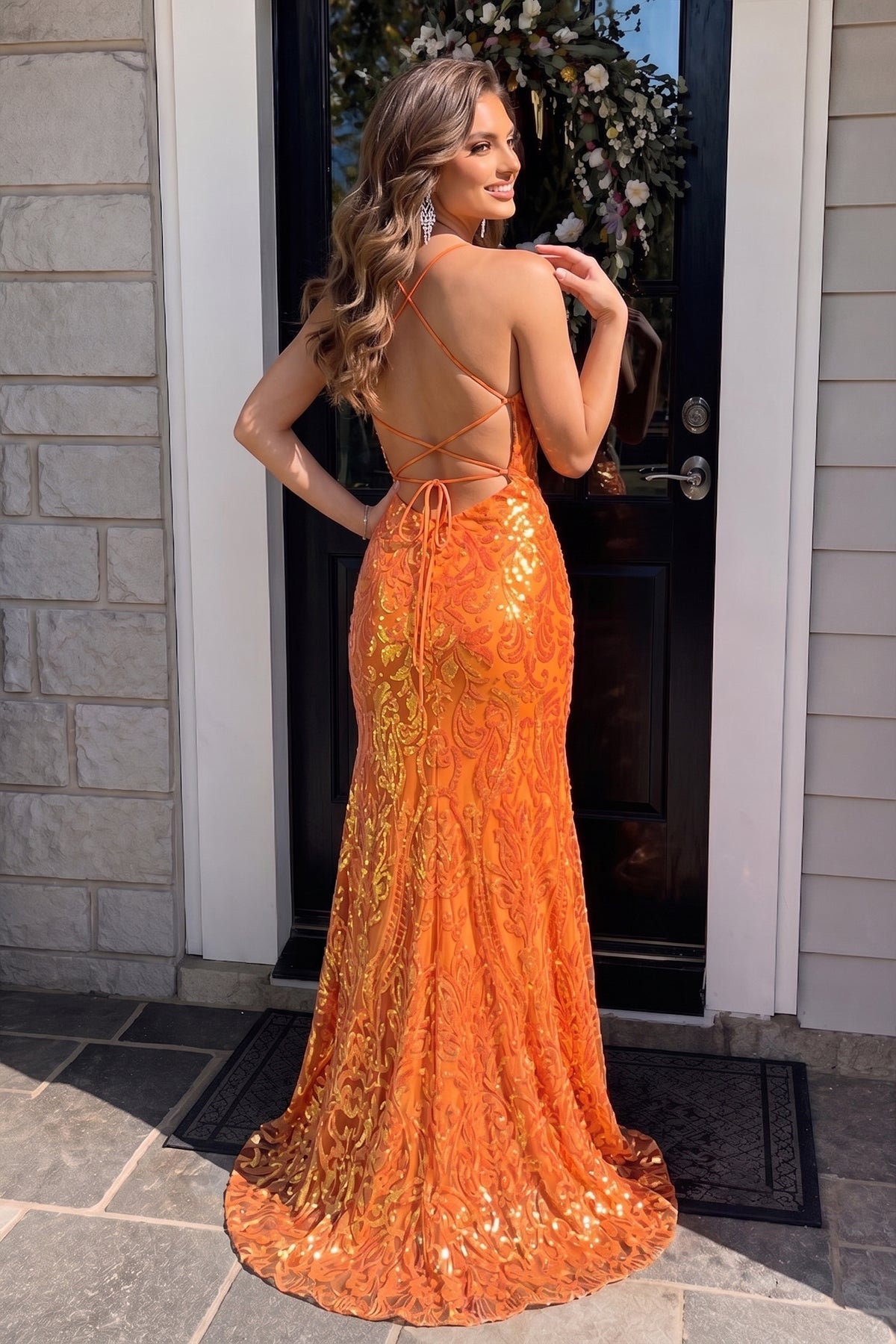 Mermaid Spaghetti Straps Blue Sequins Lace Long Evening Dress with Slit - Curvevia