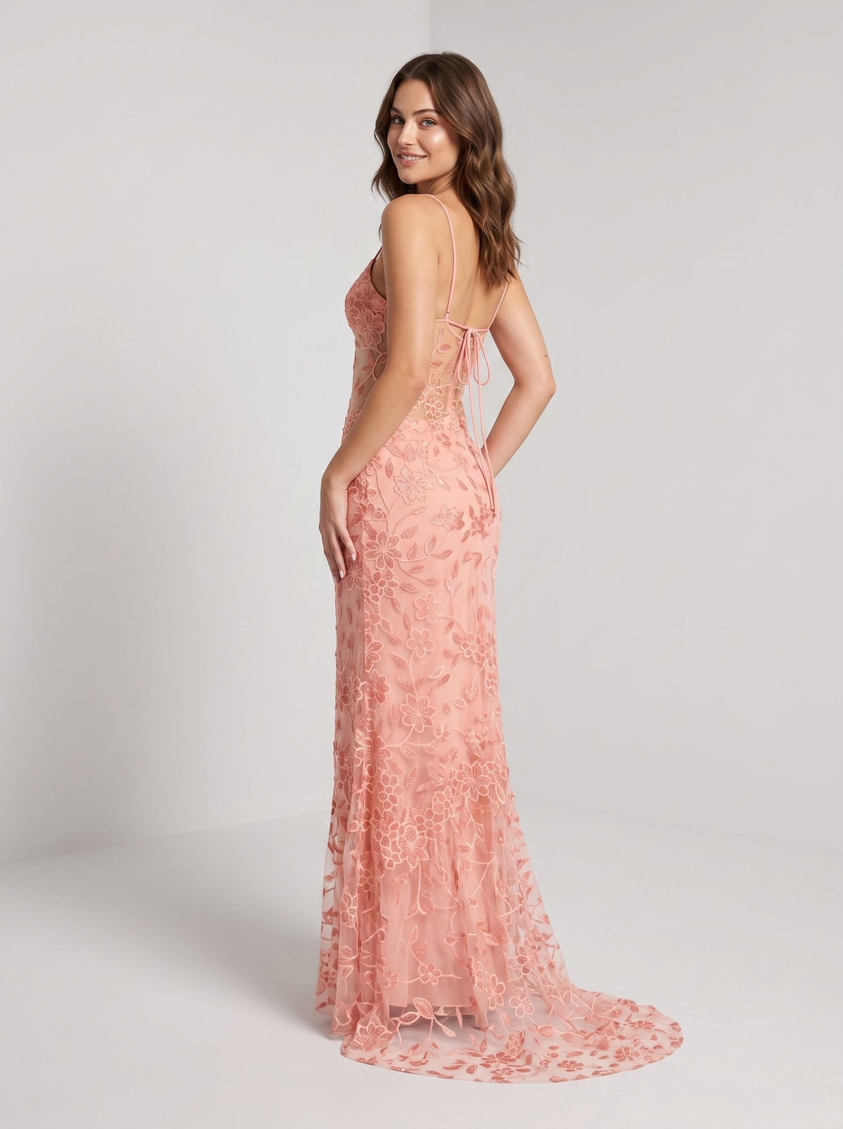 Petal Satin Mermaid V-Neck Criss-Cross Straps Floor-Length Dress with Floral Appliques - Curvevia