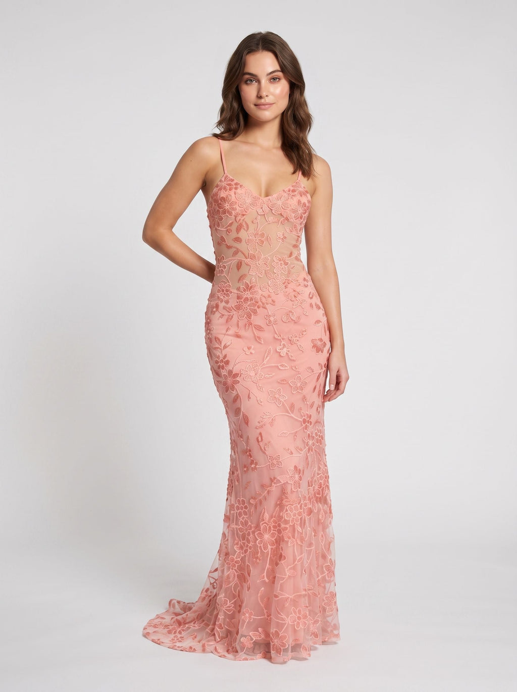 Petal Satin Mermaid V-Neck Criss-Cross Straps Floor-Length Dress with Floral Appliques - Curvevia