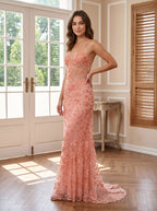 Petal Satin Mermaid V-Neck Criss-Cross Straps Floor-Length Dress with Floral Appliques - Curvevia