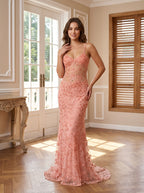 Petal Satin Mermaid V-Neck Criss-Cross Straps Floor-Length Dress with Floral Appliques - Curvevia