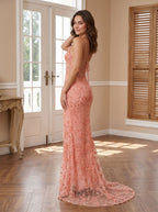 Petal Satin Mermaid V-Neck Criss-Cross Straps Floor-Length Dress with Floral Appliques - Curvevia