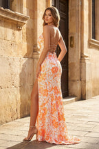 Orange Sequin Lace Spaghetti Straps Mermaid Evening Dress with Slit - Curvevia