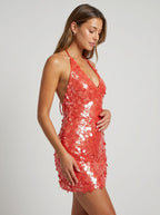 Orange Sequin Sheath Halter neckline Backless Short Dress with Multi-Tie Straps - Curvevia