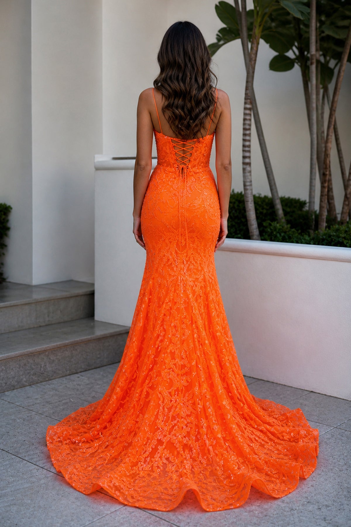 Mermaid Spaghetti Straps Sequined Lace Evening Dress - Curvevia