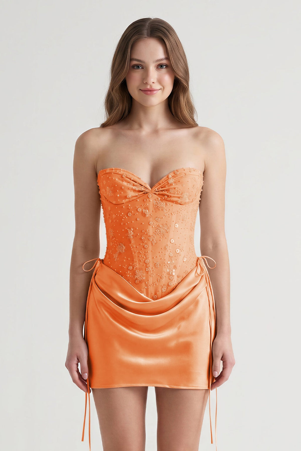 Pink Sweetheart Sheath Corset Ruched Satin Homecoming Dress with Beading - Curvevia