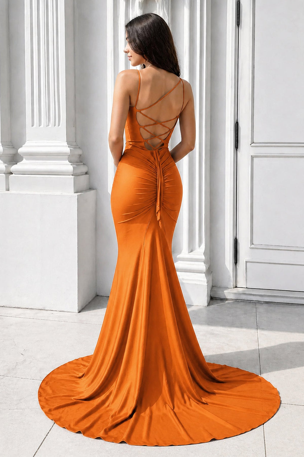 Purple Spaghetti Straps Lace-Up Mermaid Long Evening Dress - Curvevia