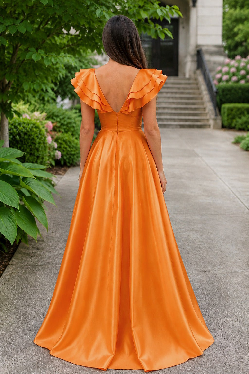 Hot Pink V-Neck Ruffle A-Line Long Wedding Guest Dress - Curvevia