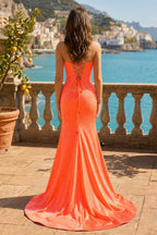 Orange Strapless Mermaid Satin Beaded Corset Long Evening Dress With Slit - Curvevia