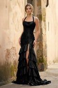 Red Halter Mermaid Satin Beaded Long Evening Dress With Ruffles - Curvevia
