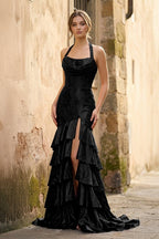 Red Halter Mermaid Satin Beaded Long Evening Dress With Ruffles - Curvevia