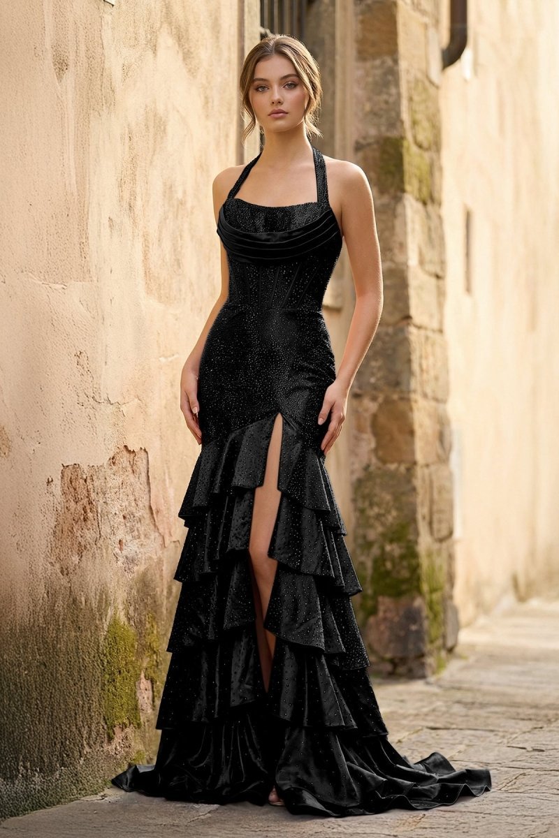 Red Halter Mermaid Satin Beaded Long Evening Dress With Ruffles - Curvevia