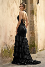 Red Halter Mermaid Satin Beaded Long Evening Dress With Ruffles - Curvevia