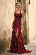 Red Halter Mermaid Satin Beaded Long Evening Dress With Ruffles - Curvevia