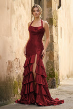 Red Halter Mermaid Satin Beaded Long Evening Dress With Ruffles - Curvevia
