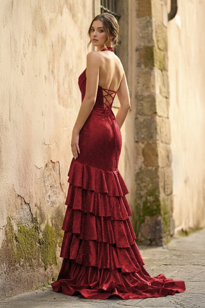 Red Halter Mermaid Satin Beaded Long Evening Dress With Ruffles - Curvevia