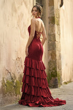 Red Halter Mermaid Satin Beaded Long Evening Dress With Ruffles - Curvevia