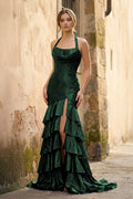 Red Halter Mermaid Satin Beaded Long Evening Dress With Ruffles - Curvevia