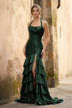 Red Halter Mermaid Satin Beaded Long Evening Dress With Ruffles - Curvevia