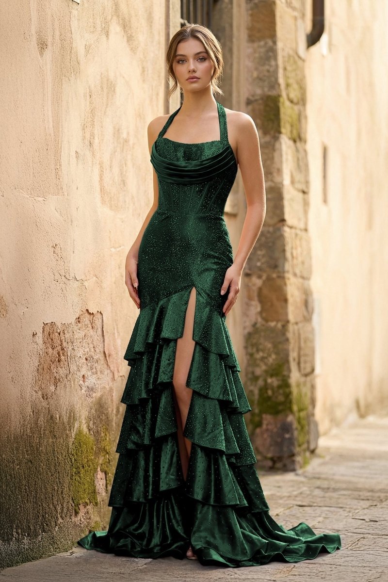 Red Halter Mermaid Satin Beaded Long Evening Dress With Ruffles - Curvevia