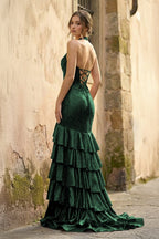 Red Halter Mermaid Satin Beaded Long Evening Dress With Ruffles - Curvevia