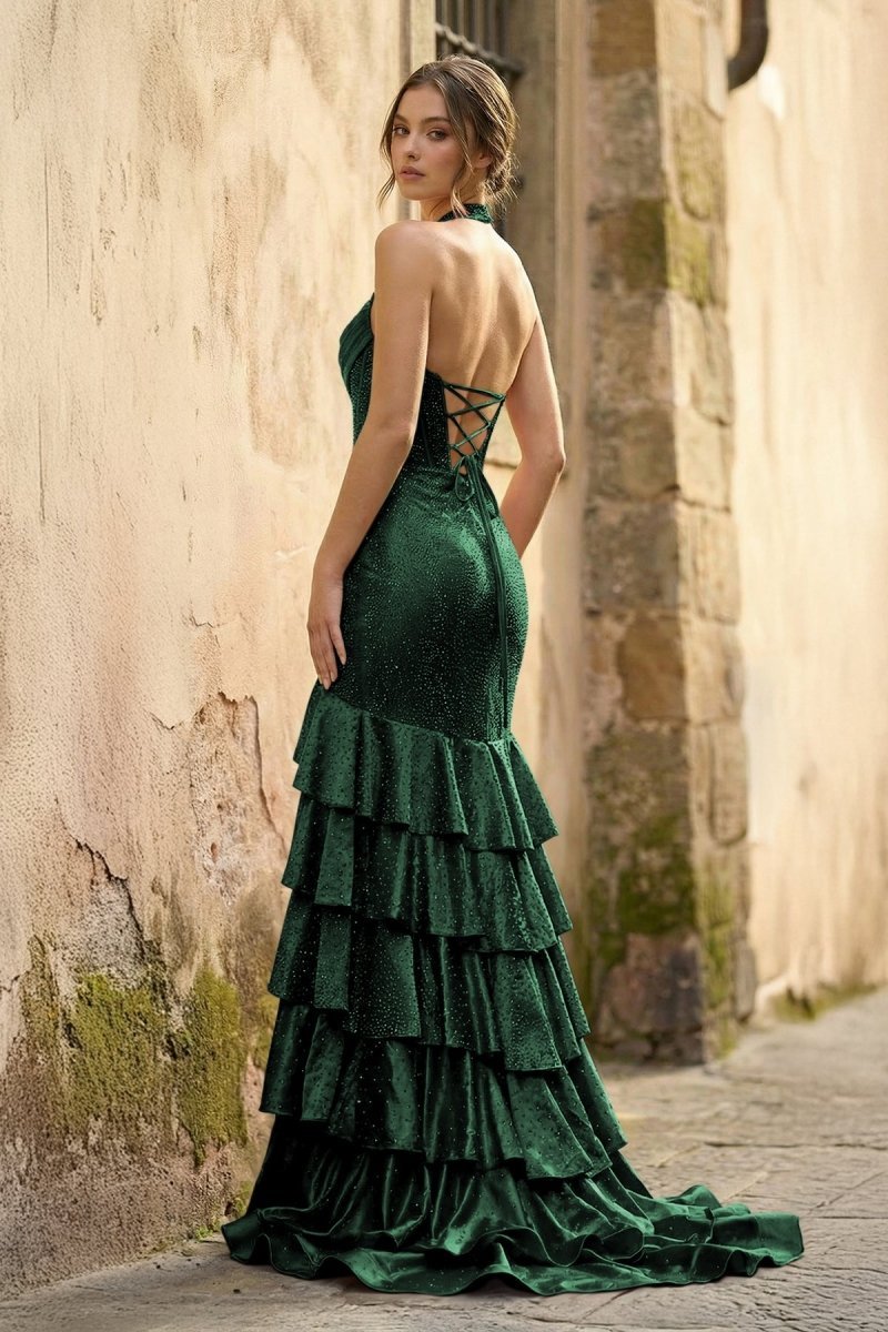 Red Halter Mermaid Satin Beaded Long Evening Dress With Ruffles - Curvevia