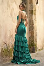 Red Halter Mermaid Satin Beaded Long Evening Dress With Ruffles - Curvevia